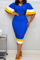Blue Casual Elegant Patchwork V Neck One Step Skirt Dresses