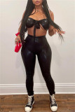 Black Fashion Sexy Solid Backless Strapless Sleeveless Two Pieces