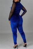 Blue Fashion Sexy Patchwork Hot Drilling See-through Half A Turtleneck Skinny Jumpsuits
