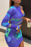 Colour Sexy Print Patchwork O Neck Pencil Skirt Dresses