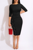 Blue Casual Solid Patchwork Flounce O Neck One Step Skirt Dresses
