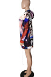 White Casual Print Patchwork Hooded Collar Long Sleeve Dresses