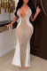 White Sexy Solid Patchwork See-through Hot Drill V Neck Sling Dress Dresses