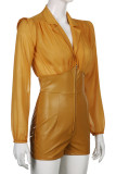 Khaki Fashion Casual Solid Patchwork Turndown Collar Skinny Romper