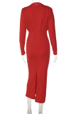 Red Casual Solid Patchwork Half A Turtleneck Pencil Skirt Dresses