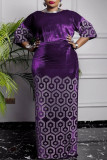 Purple Casual Solid Split Joint Hot Drill O Neck Plus Size Two Pieces(Contain The Scarf)