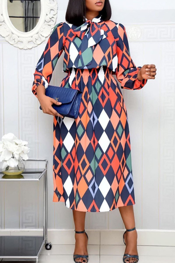 Multicolor Casual Print Bandage Patchwork Half A Turtleneck Dresses