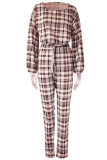 Rose Red Casual Print Patchwork Draw String O Neck Long Sleeve Two Pieces