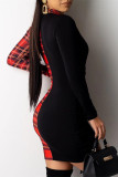 Red Fashion Casual Plaid Print Patchwork Draw String V Neck Long Sleeve Dresses