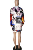 White Casual Print Patchwork Hooded Collar Long Sleeve Dresses