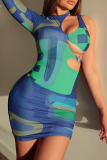 Colour Sexy Print Patchwork O Neck Pencil Skirt Dresses