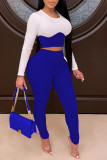 Blue Casual Solid Patchwork O Neck Long Sleeve Two Pieces