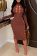 Caramel Colour Sexy Casual Solid Hollowed Out Turtleneck Long Sleeve Dresses