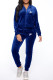 Deep Blue Fashion Sportswear Print Patchwork Hooded Collar Long Sleeve Two Pieces