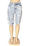 Baby Blue Fashion Casual Solid Ripped High Waist Skinny Denim Shorts