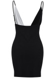 Black Sexy Solid Patchwork Fold Spaghetti Strap One Step Skirt Dresses