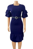 Red Casual Solid Patchwork Flounce Asymmetrical O Neck Straight Dresses
