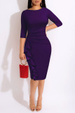 Blue Casual Solid Patchwork Flounce O Neck One Step Skirt Dresses