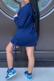 Blue Casual Letter Print Patchwork Draw String Hooded Collar Straight Dresses