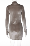 Grey Sexy Solid Rhinestone Half A Turtleneck Pencil Skirt Dresses