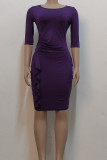 Blue Casual Solid Patchwork Flounce O Neck One Step Skirt Dresses