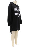 Blue Casual Letter Print Patchwork Draw String Hooded Collar Straight Dresses
