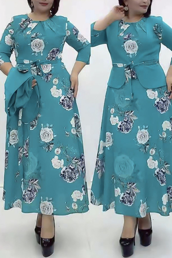 Green Casual Print Patchwork O Neck Half Sleeve Two Pieces