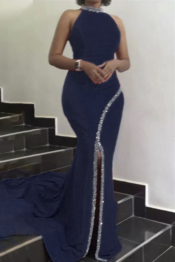 Tibetan Blue Sexy Elegant Solid Patchwork Without Belt Hot Drill Halter Trumpet Mermaid Dresses