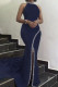 Tibetan Blue Sexy Elegant Solid Patchwork Without Belt Hot Drill Halter Trumpet Mermaid Dresses