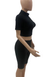 Black Casual Sportswear Solid Basic Turtleneck Short Sleeve Two Pieces