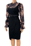 Black Casual Print Patchwork Asymmetrical O Neck One Step Skirt Dresses
