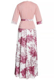 Pink Casual Print Patchwork O Neck Half Sleeve Two Pieces