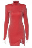 Red Sexy Print Patchwork Turtleneck Pencil Skirt Dresses