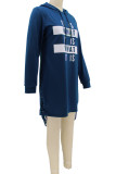 Blue Casual Letter Print Patchwork Draw String Hooded Collar Straight Dresses