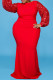 Red Fashion Plus Size Solid Sequins Patchwork O Neck Long Sleeve Evening Dress