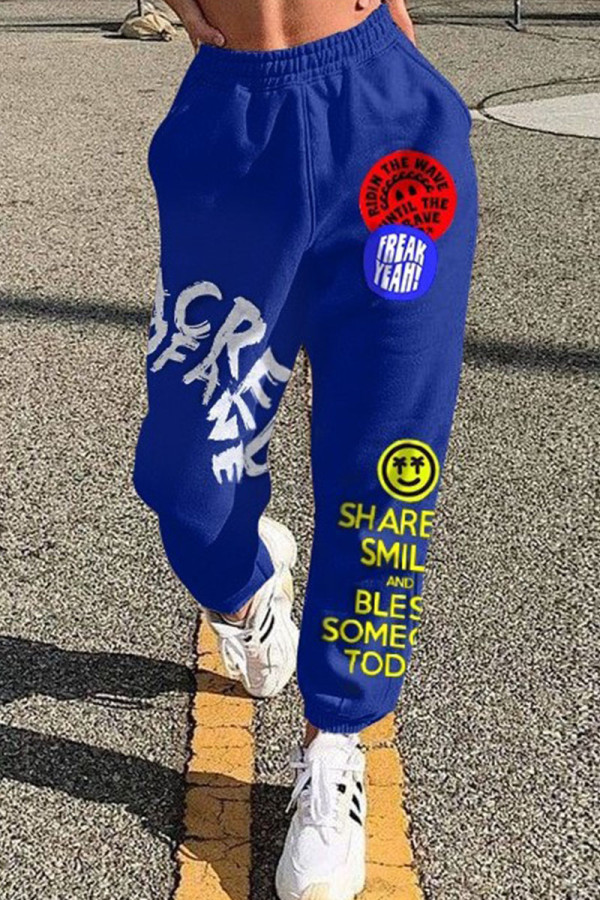 Blue Casual Street Print Patchwork Straight High Waist Straight Positioning Print Bottoms