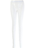 White Sexy Hollowed Out Patchwork See-through Rhinestone Regular Mid Waist Pencil Patchwork Bottoms