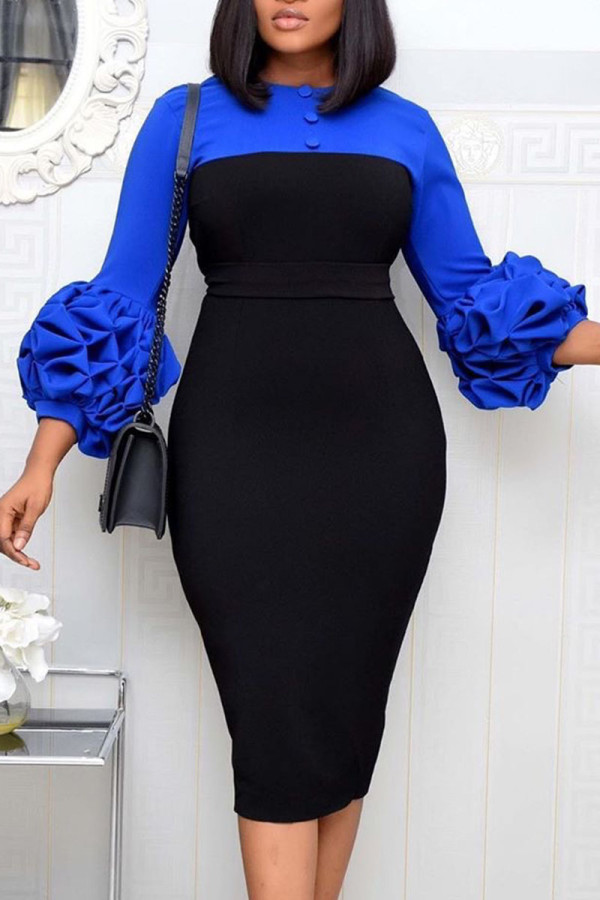 Blue Casual Solid Patchwork Slit Fold O Neck One Step Skirt Dresses