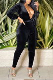 Black Fashion Sexy Solid Bandage Backless V Neck Skinny Jumpsuits