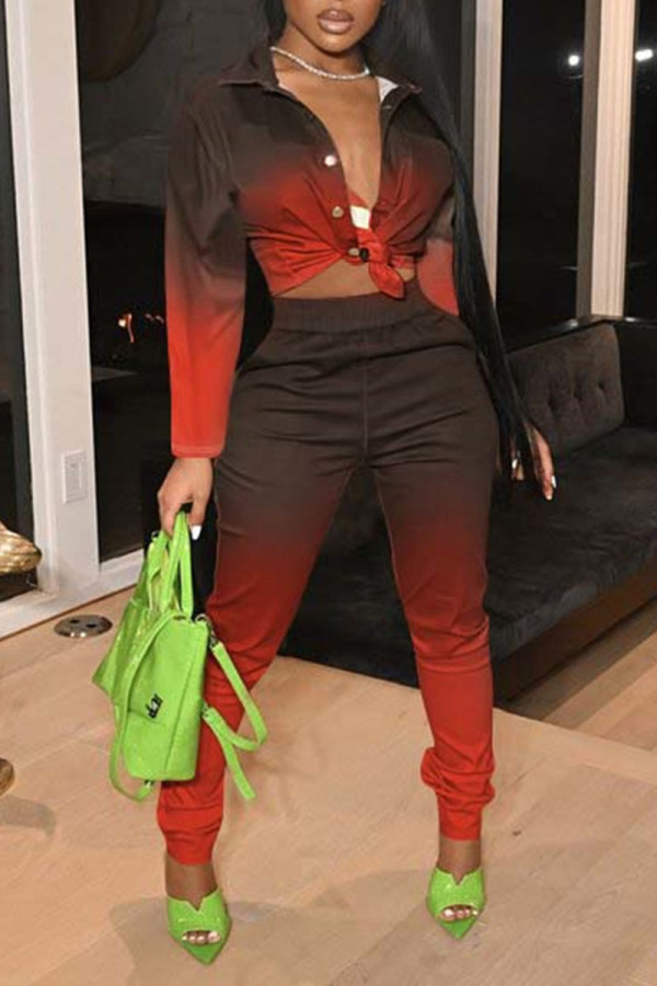 Red Casual Gradual Change Print Patchwork Buckle Turndown Collar Long Sleeve Two Pieces