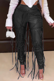 Black Fashion Casual Solid Tassel Patchwork Regular High Waist Pencil Trousers