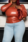 Brown Plus Size Solid Flounce Off the Shoulder Tops