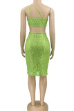 Green Sexy Solid Hollowed Out Sequins Patchwork Asymmetrical Spaghetti Strap One Step Skirt Dresses