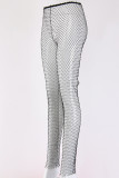 White Sexy Hollowed Out Patchwork See-through Rhinestone Regular Mid Waist Pencil Patchwork Bottoms
