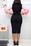 Pink Casual Solid Patchwork Slit Fold O Neck One Step Skirt Dresses