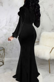 Black Sexy Solid Split Joint V Neck Dresses