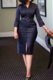 Black Casual Solid Patchwork Slit Beading With Belt O Neck One Step Skirt Dresses