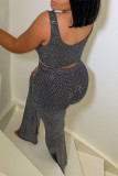 Black Sexy Casual Patchwork Sequins Vests Pants U Neck Sleeveless Two Pieces