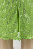Green Sexy Solid Hollowed Out Sequins Patchwork Asymmetrical Spaghetti Strap One Step Skirt Dresses