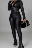 Black Sexy Solid Backless Turndown Collar Long Sleeve Two Pieces
